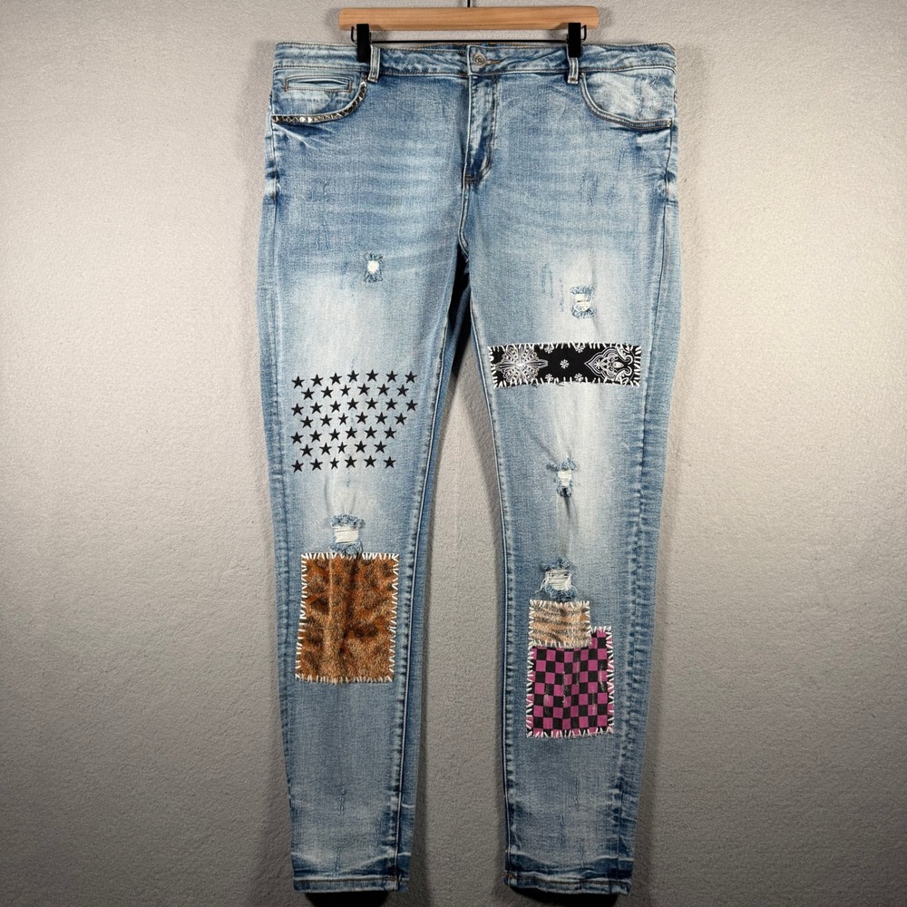 Embellish NYC Mens 42 Distressed Patchwork Jeans Light Wash Bandana Leopard Star